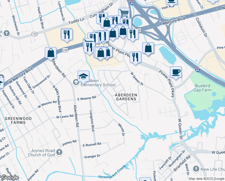map of restaurants, bars, coffee shops, grocery stores, and more near 103 East Weaver Road in Hampton