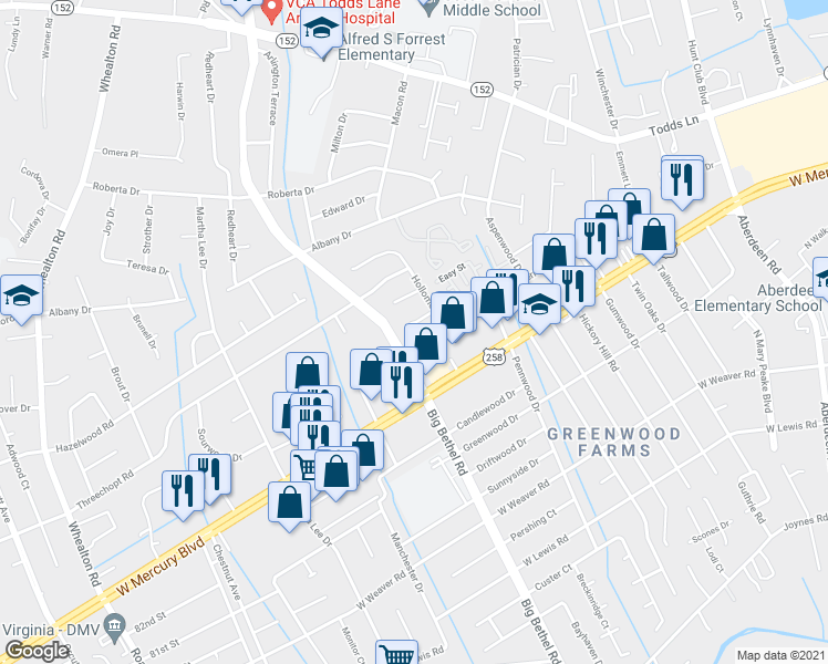 map of restaurants, bars, coffee shops, grocery stores, and more near 2928 Leta Court in Hampton