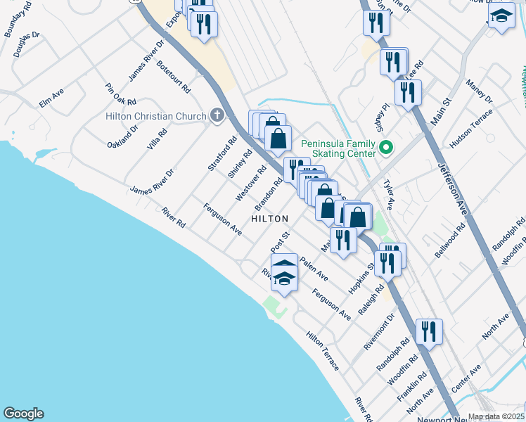 map of restaurants, bars, coffee shops, grocery stores, and more near 30 Brandon Road in Newport News