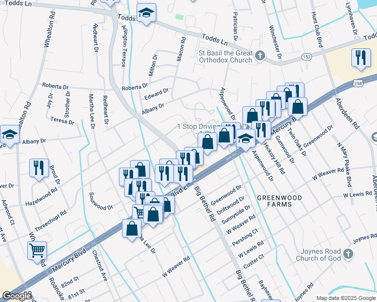 map of restaurants, bars, coffee shops, grocery stores, and more near 2928 Leta Court in Hampton