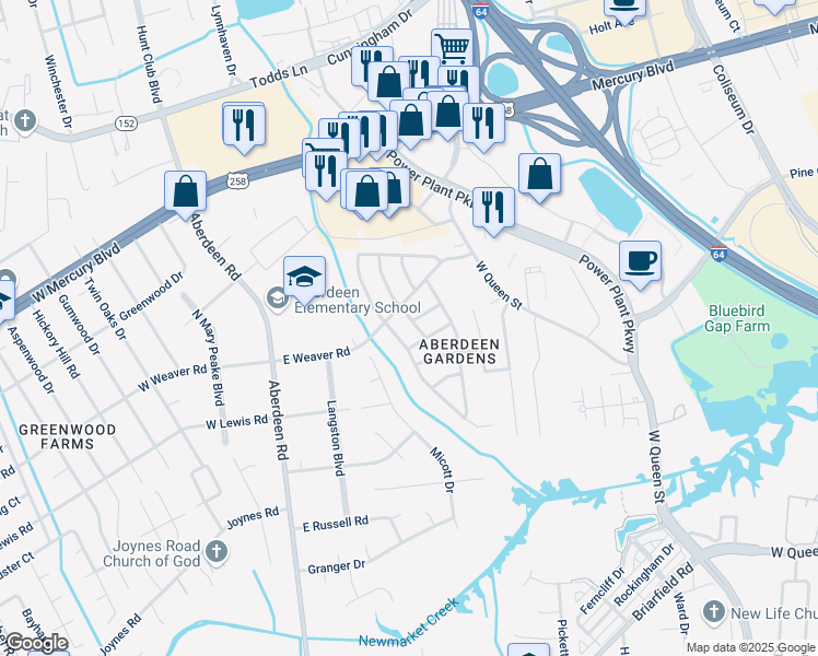 map of restaurants, bars, coffee shops, grocery stores, and more near 103 East Weaver Road in Hampton