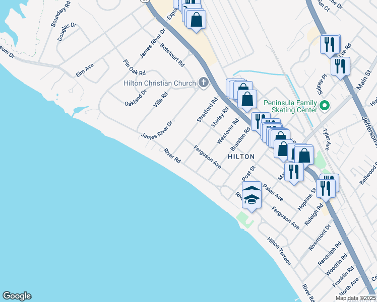 map of restaurants, bars, coffee shops, grocery stores, and more near 5 Shirley Road in Newport News