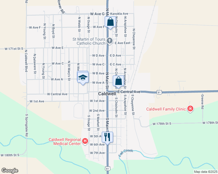 map of restaurants, bars, coffee shops, grocery stores, and more near 14 North Main Street in Caldwell