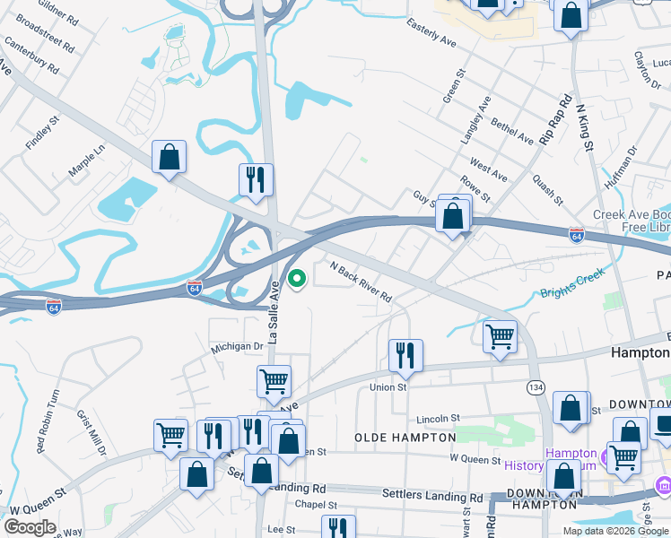 map of restaurants, bars, coffee shops, grocery stores, and more near 915 North Armistead Avenue in Hampton