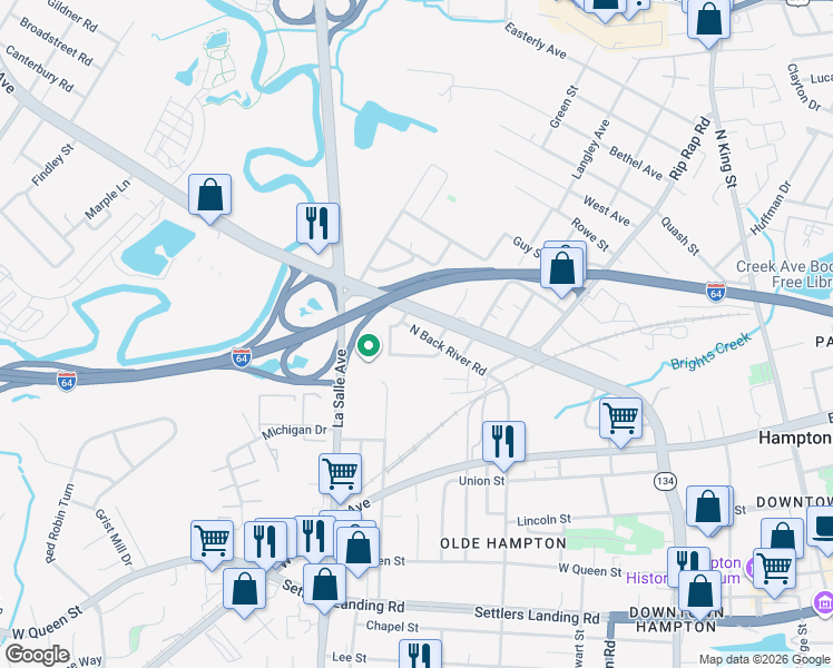 map of restaurants, bars, coffee shops, grocery stores, and more near 915 North Armistead Avenue in Hampton