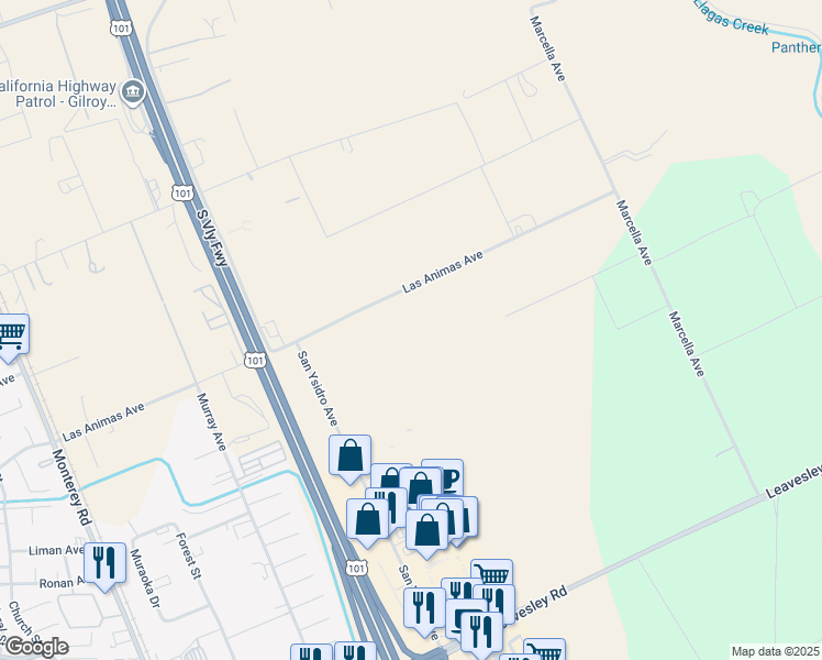 map of restaurants, bars, coffee shops, grocery stores, and more near 820 Las Animas Avenue in Gilroy