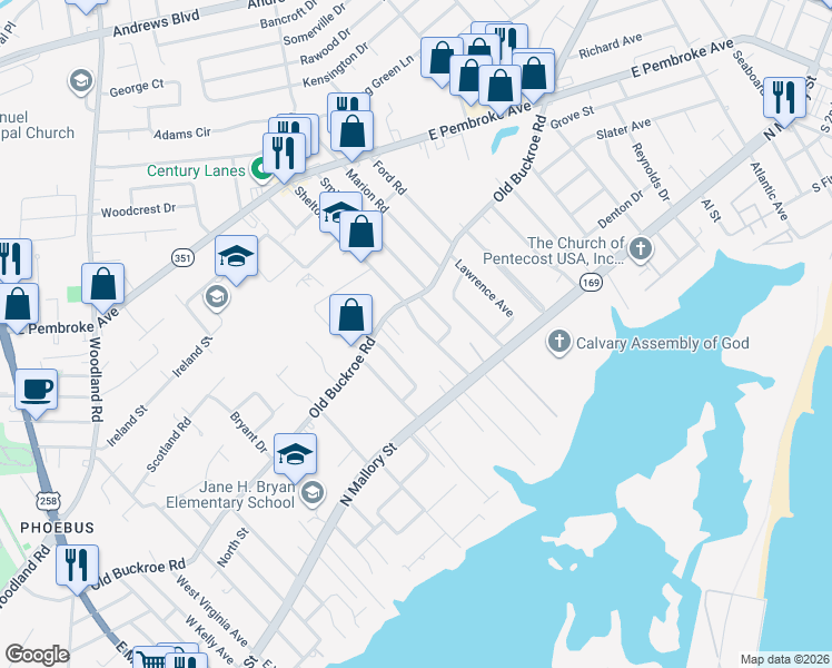 map of restaurants, bars, coffee shops, grocery stores, and more near 30 Shelton Road in Hampton