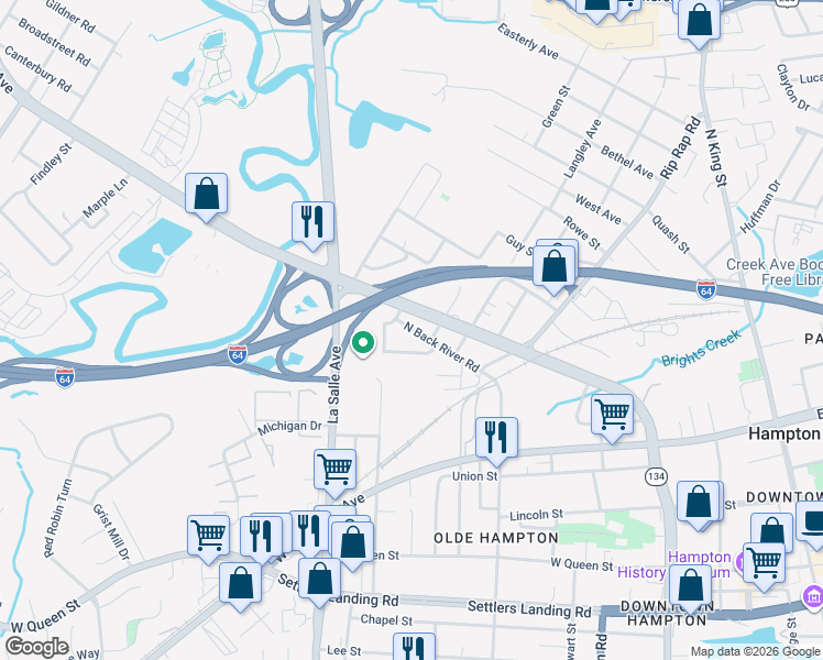 map of restaurants, bars, coffee shops, grocery stores, and more near 915 North Armistead Avenue in Hampton