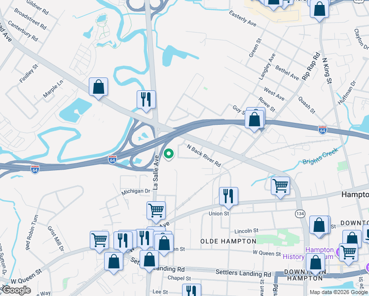 map of restaurants, bars, coffee shops, grocery stores, and more near 915 North Armistead Avenue in Hampton