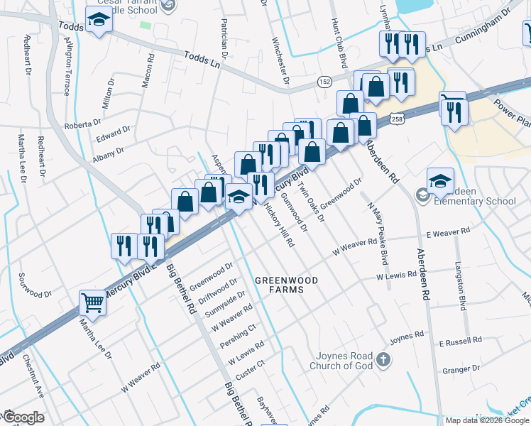 map of restaurants, bars, coffee shops, grocery stores, and more near 2901 West Mercury Boulevard in Hampton