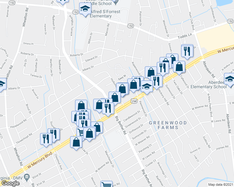 map of restaurants, bars, coffee shops, grocery stores, and more near 468 Hollomon Drive in Hampton
