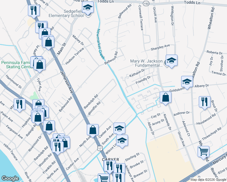 map of restaurants, bars, coffee shops, grocery stores, and more near 721 Woodfin Road in Newport News