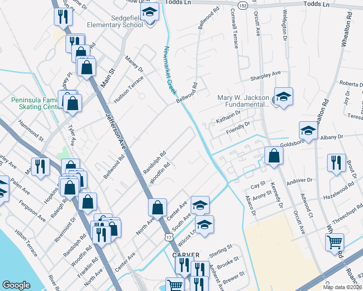 map of restaurants, bars, coffee shops, grocery stores, and more near 721 Woodfin Road in Newport News