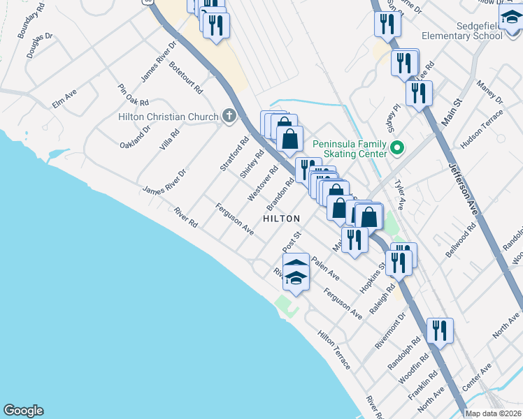 map of restaurants, bars, coffee shops, grocery stores, and more near 33 Brandon Road in Newport News