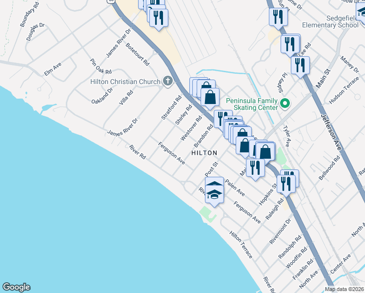 map of restaurants, bars, coffee shops, grocery stores, and more near 26 Westover Road in Newport News
