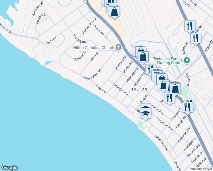 map of restaurants, bars, coffee shops, grocery stores, and more near 8 Stratford Road in Newport News