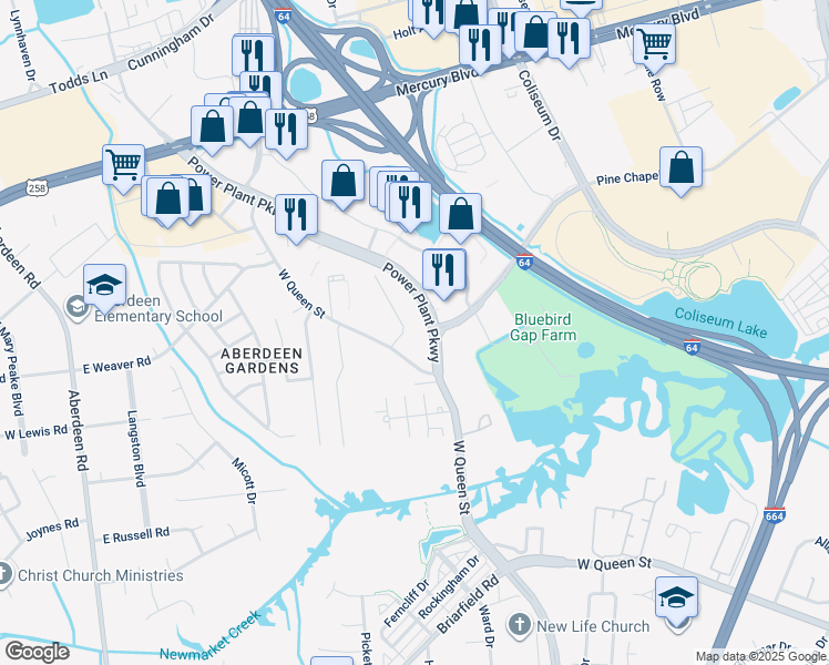 map of restaurants, bars, coffee shops, grocery stores, and more near 4 C C Spaulding Drive in Hampton