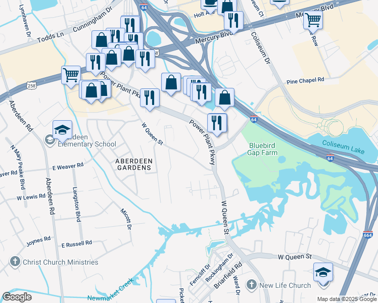 map of restaurants, bars, coffee shops, grocery stores, and more near 1728 West Queen Street in Hampton