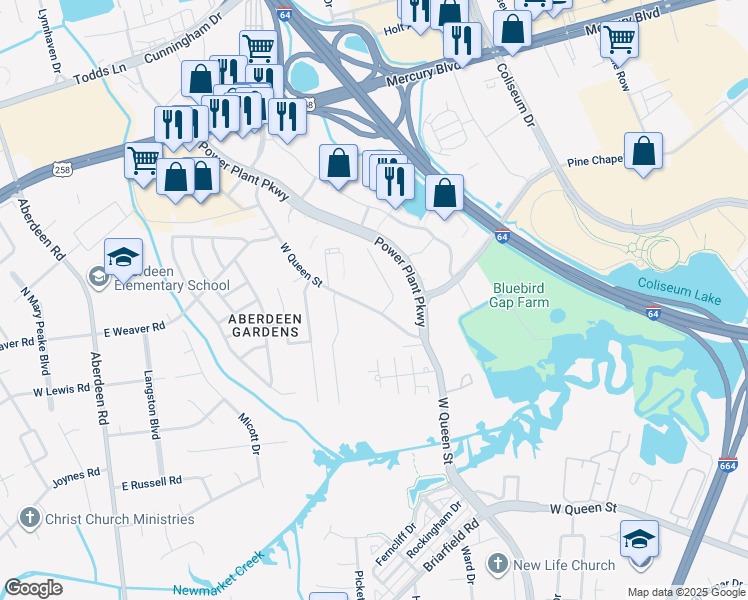 map of restaurants, bars, coffee shops, grocery stores, and more near 1728 West Queen Street in Hampton