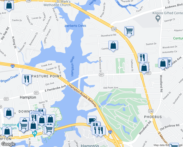 map of restaurants, bars, coffee shops, grocery stores, and more near 10 Holly Street in Hampton