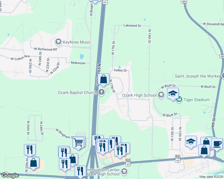map of restaurants, bars, coffee shops, grocery stores, and more near 1781 West Clay Street in Ozark
