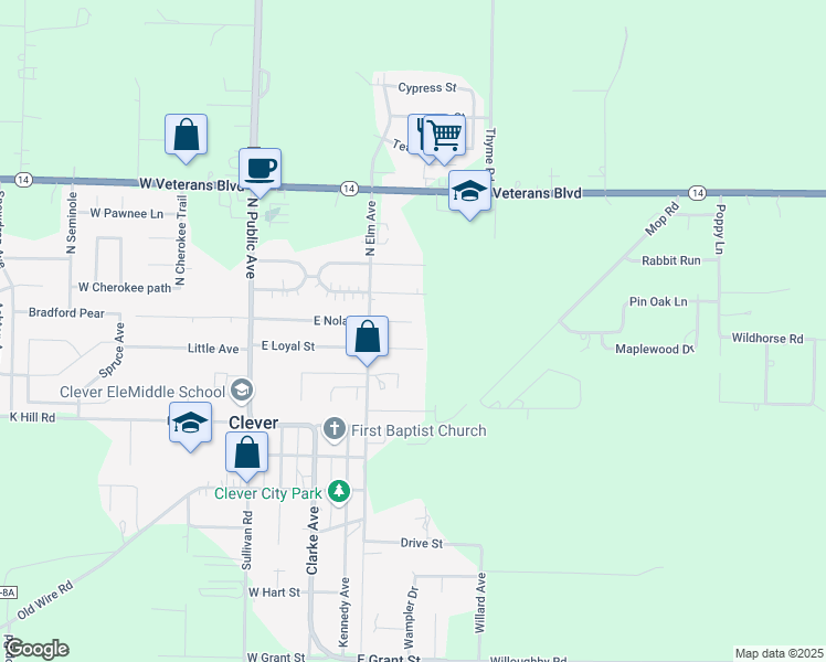 map of restaurants, bars, coffee shops, grocery stores, and more near 235 East Eagle Circle in Clever