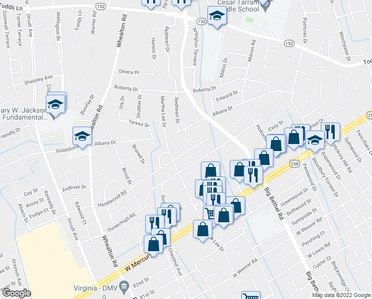 map of restaurants, bars, coffee shops, grocery stores, and more near 4016 Hazelwood Road in Hampton