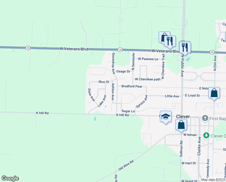 map of restaurants, bars, coffee shops, grocery stores, and more near 211 Ashton Avenue in Clever