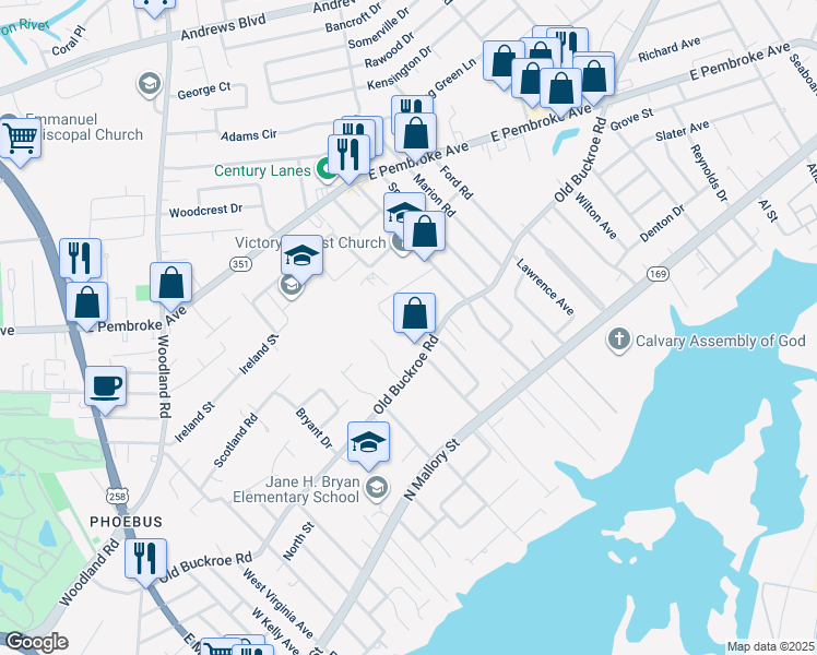 map of restaurants, bars, coffee shops, grocery stores, and more near 1402 Edson Terrace in Hampton