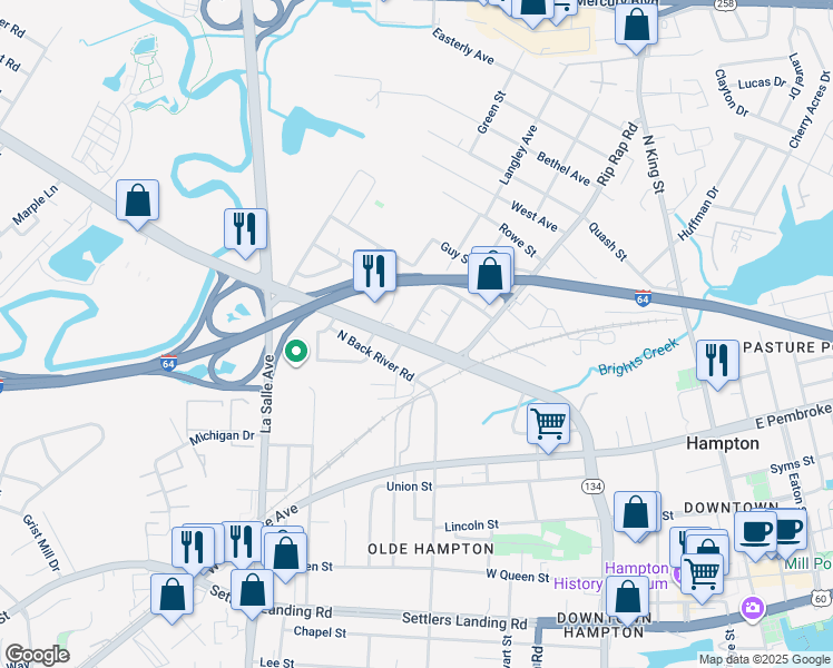 map of restaurants, bars, coffee shops, grocery stores, and more near 935 Langley Avenue in Hampton