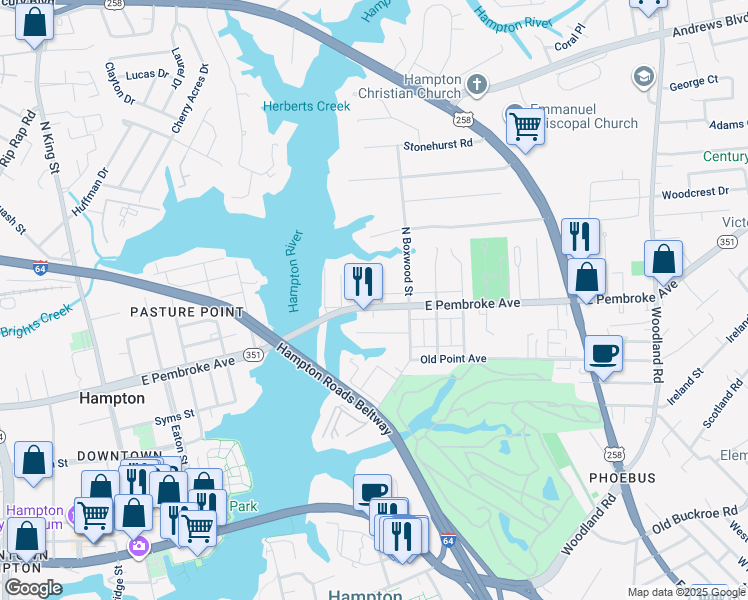map of restaurants, bars, coffee shops, grocery stores, and more near 609 East Pembroke Avenue in Hampton