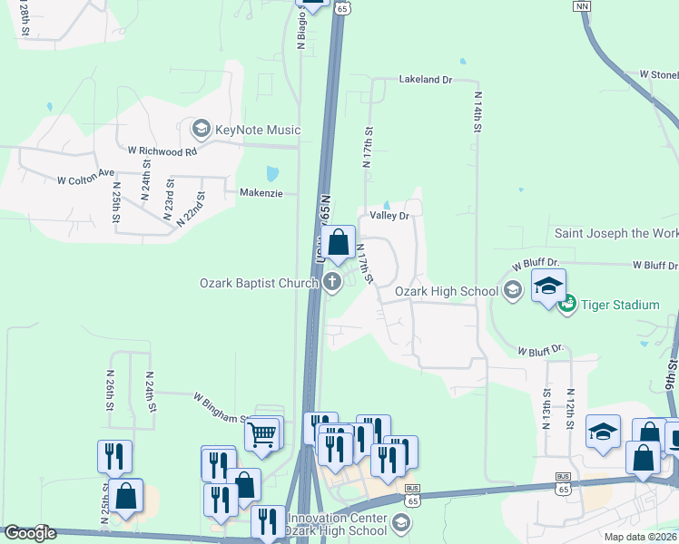 map of restaurants, bars, coffee shops, grocery stores, and more near 1781 West Clay Street in Ozark