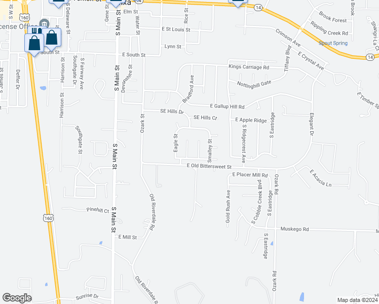 map of restaurants, bars, coffee shops, grocery stores, and more near 712 Rice Street in Nixa