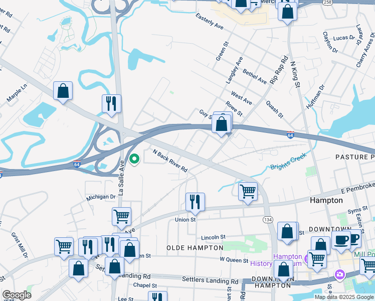 map of restaurants, bars, coffee shops, grocery stores, and more near 935 Langley Avenue in Hampton
