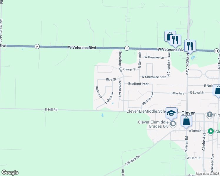 map of restaurants, bars, coffee shops, grocery stores, and more near 699 West Christopher Lane in Clever