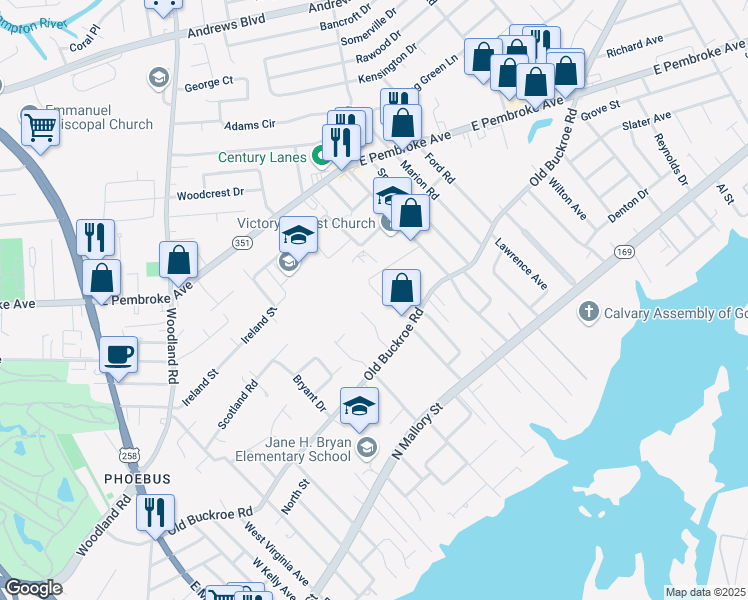 map of restaurants, bars, coffee shops, grocery stores, and more near 1406 Edson Terrace in Hampton