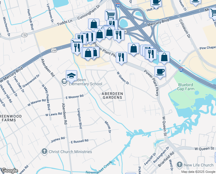 map of restaurants, bars, coffee shops, grocery stores, and more near 51 Newby Drive in Hampton