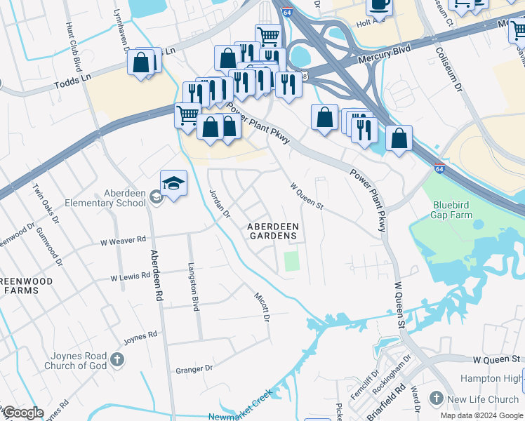 map of restaurants, bars, coffee shops, grocery stores, and more near 51 Newby Drive in Hampton