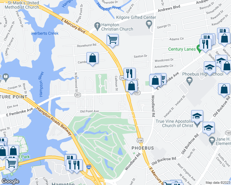 map of restaurants, bars, coffee shops, grocery stores, and more near 1 Calhoun Street in Hampton
