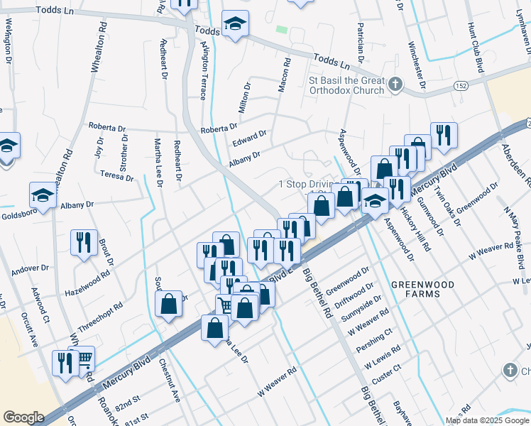 map of restaurants, bars, coffee shops, grocery stores, and more near 425 Big Bethel Road in Hampton