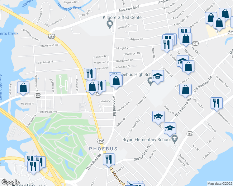 map of restaurants, bars, coffee shops, grocery stores, and more near 1404 East Pembroke Avenue in Hampton