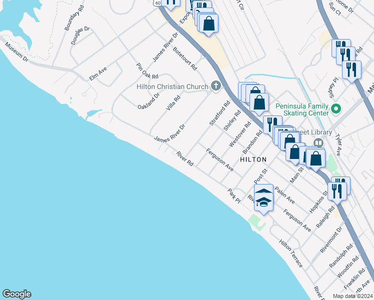 map of restaurants, bars, coffee shops, grocery stores, and more near 1 Stratford Road in Newport News
