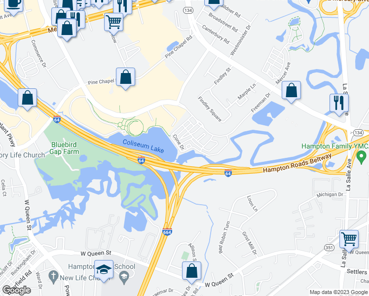 map of restaurants, bars, coffee shops, grocery stores, and more near 308 Aqua Court in Hampton