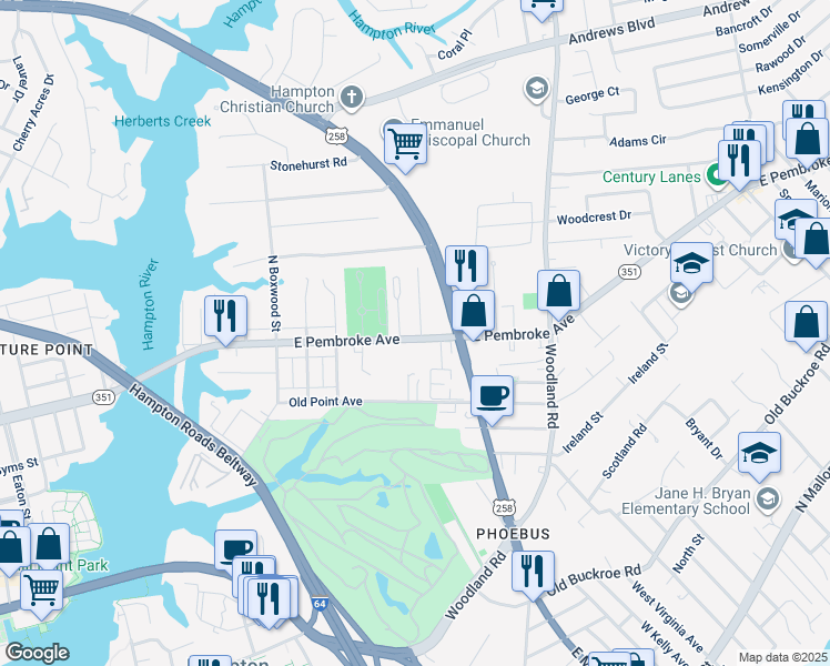 map of restaurants, bars, coffee shops, grocery stores, and more near 1 Calhoun Street in Hampton