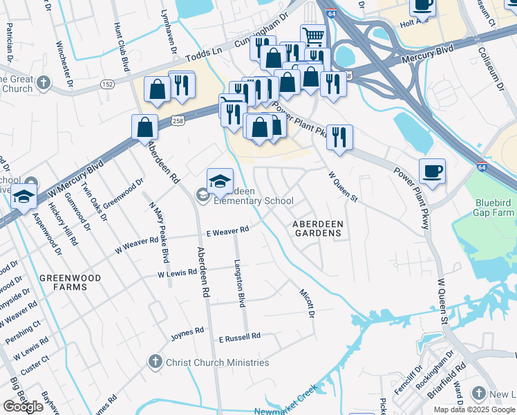 map of restaurants, bars, coffee shops, grocery stores, and more near 69 Jordan Drive in Hampton