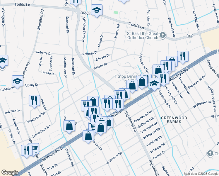 map of restaurants, bars, coffee shops, grocery stores, and more near 425 Big Bethel Road in Hampton