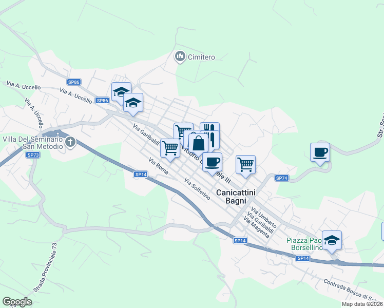 map of restaurants, bars, coffee shops, grocery stores, and more near 126 Via Vittorio Emanuele III in Canicattini Bagni