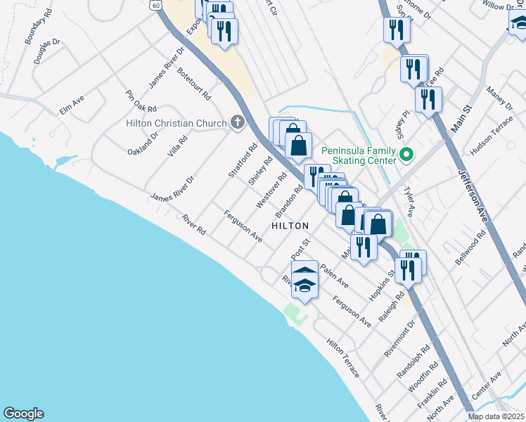 map of restaurants, bars, coffee shops, grocery stores, and more near 26 Westover Rd in Newport News