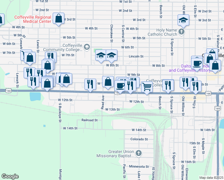 map of restaurants, bars, coffee shops, grocery stores, and more near 1002 West 11th Street in Coffeyville