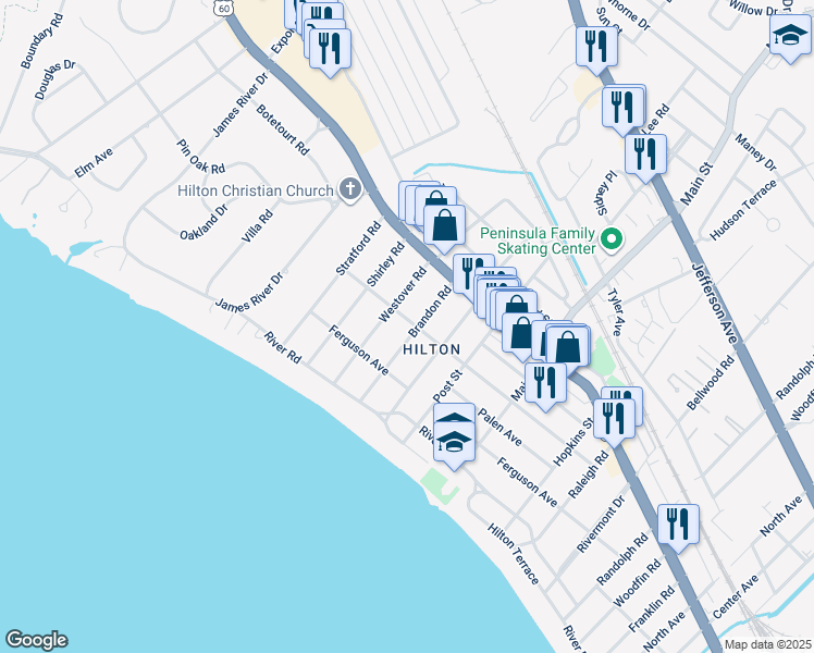 map of restaurants, bars, coffee shops, grocery stores, and more near 29 Brandon Road in Newport News
